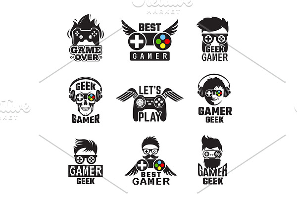 Video game badges. Joystick console