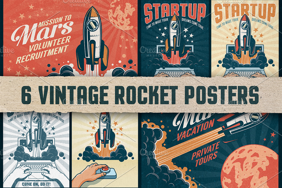6 Vintage Rocket Posters in Illustrations - product preview 8