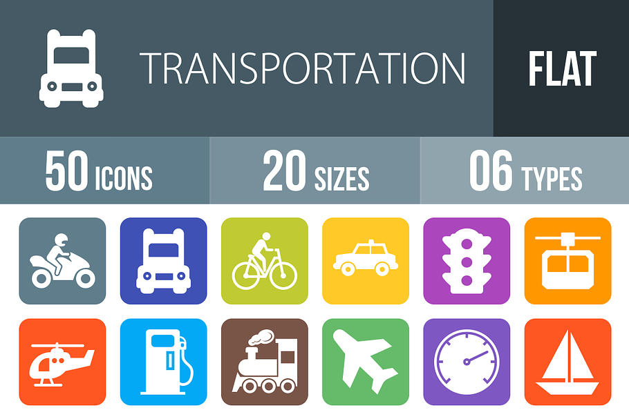 50 Transport Flat Round Corner Icons