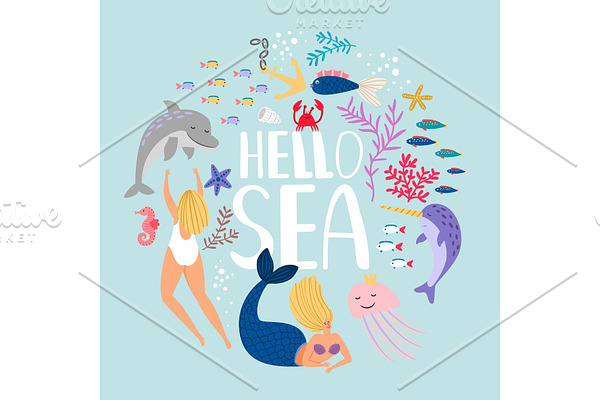 Hello sea, design of t-shirt. Fish