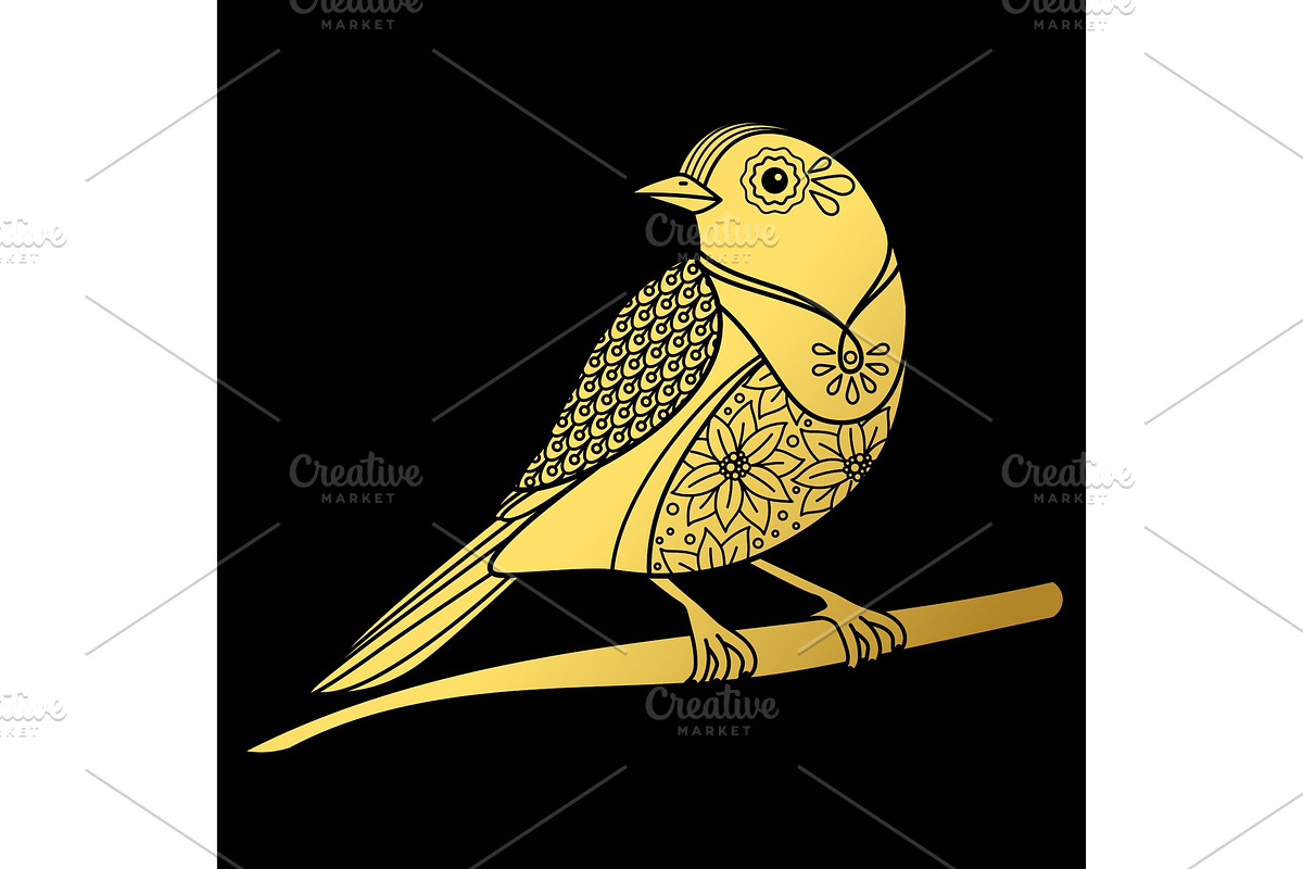 Gold ornate doodle bird on black in Graphics - product preview 8