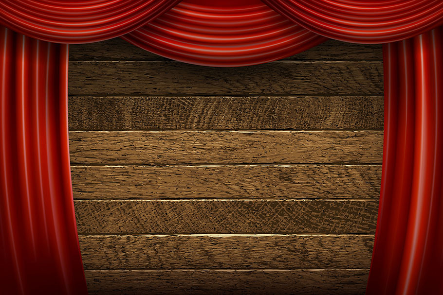 Red curtains on wooden background.