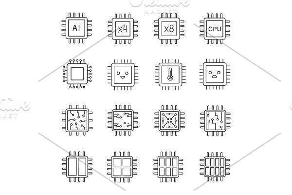 Processors linear icons set