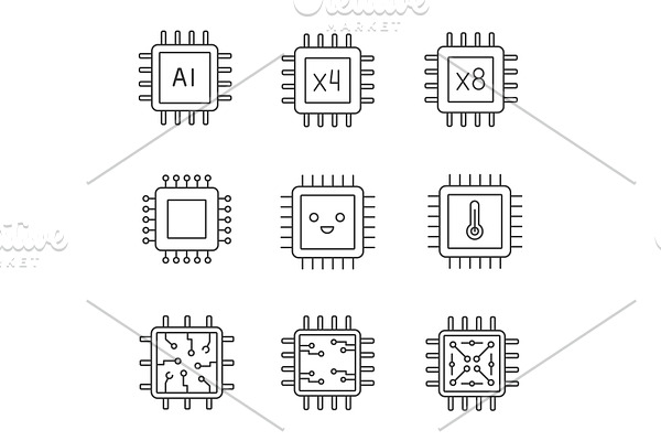 Processors linear icons set