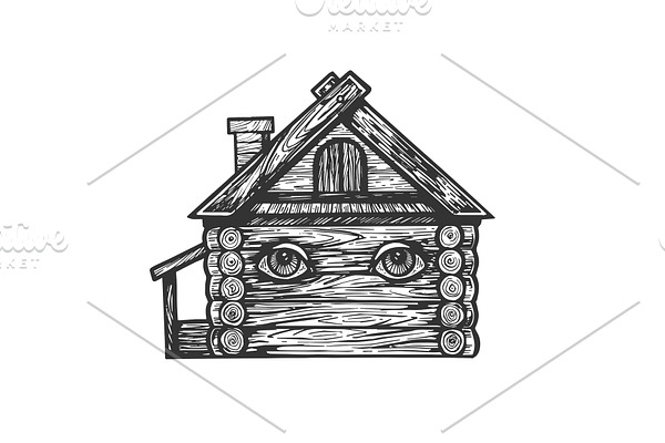 Wooden house with eyes engraving