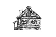 Wooden house with eyes engraving