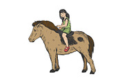 Child girl on pony color engraving