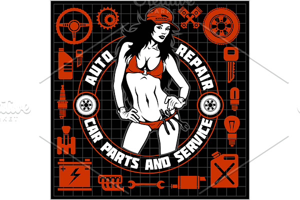 Girl in bikini and car servive icons