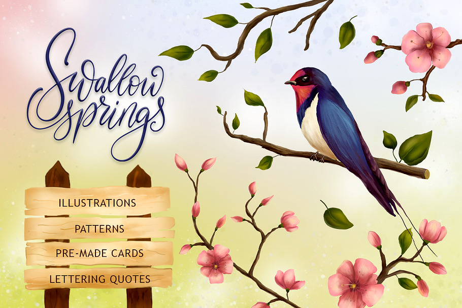 Swallow springs. Gentle graphic set. in Illustrations - product preview 8