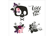 Set Of Cute Skull With Rose Flowers