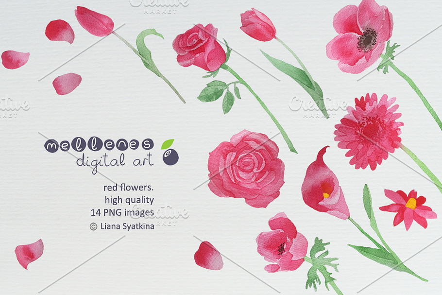 red watercolor flowers in Illustrations - product preview 8