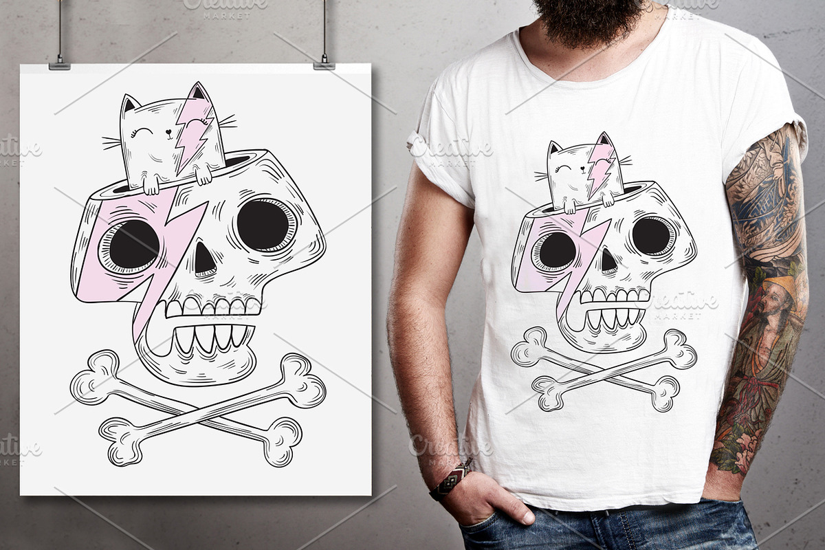 Cartoon Skull and Cute cat Graphic in Illustrations - product preview 8