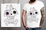 Cartoon Skull and Cute cat Graphic