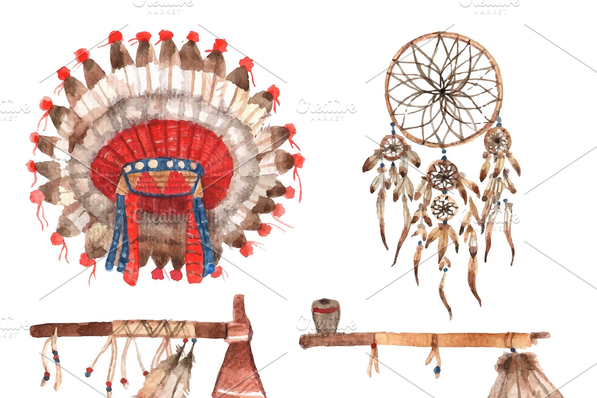 Native american watercolor items set in Icons - product preview 8