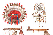 Native american watercolor items set