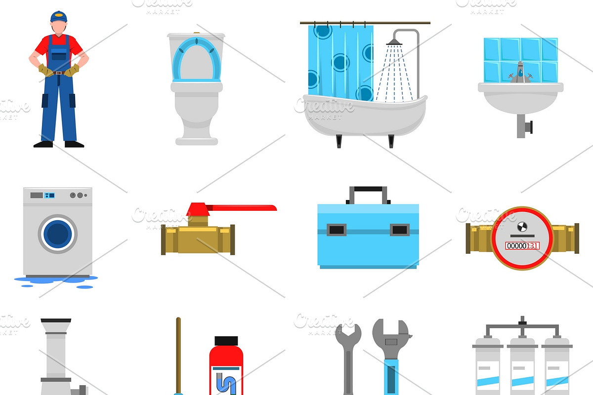 Plumbing service flat icons set in Icons - product preview 8
