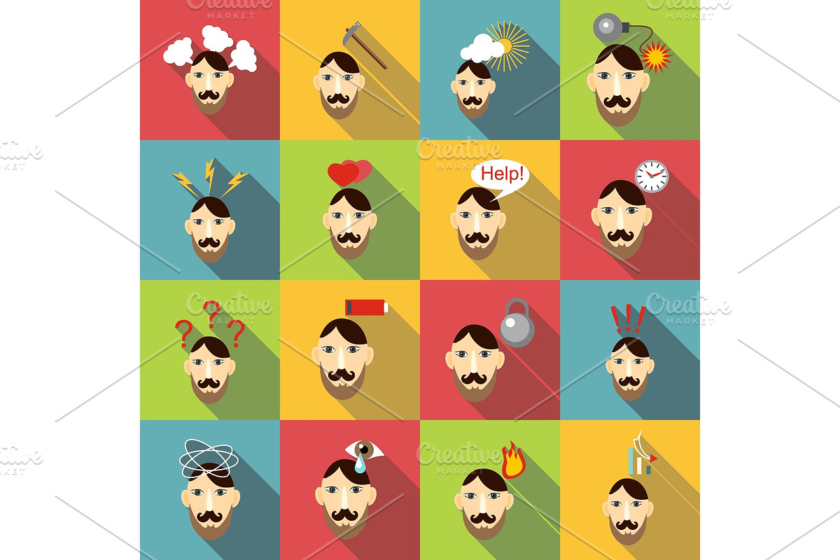 Stress situations icons set, flat in Illustrations - product preview 8