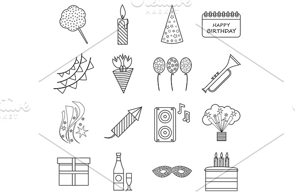 Happy birthday icons set, outline