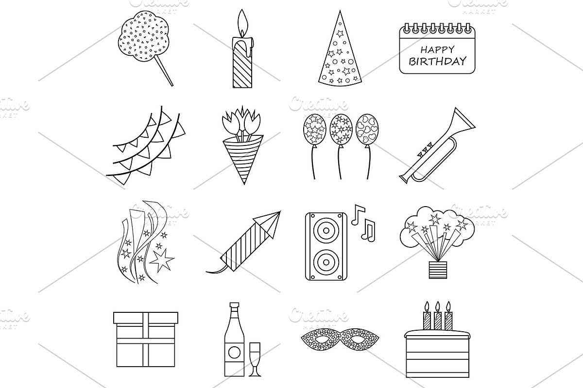 Happy birthday icons set, outline in Objects - product preview 8