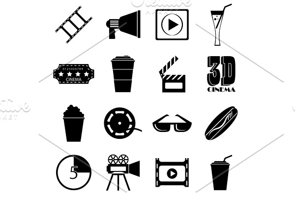 Movie items icons set, simple style