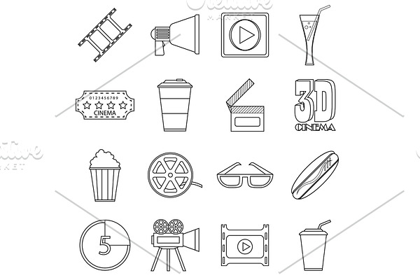 Movie items icons set, outline style