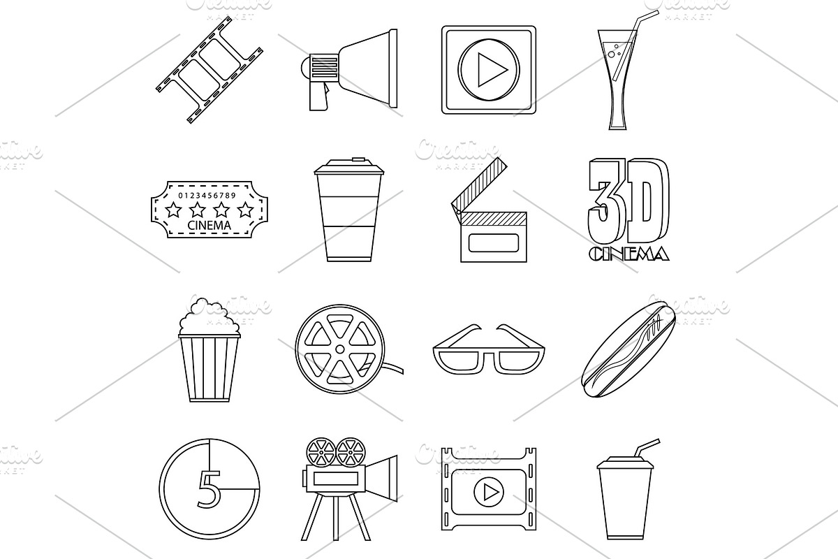 Movie items icons set, outline style in Illustrations - product preview 8