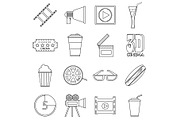 Movie items icons set, outline style