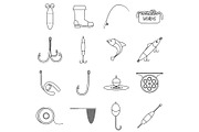 Fishing tools items icons set