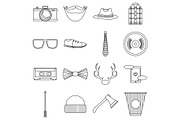 Hipster items icons set, outline