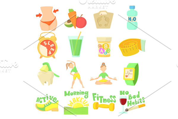 Healthy lifestyle icons set, cartoon