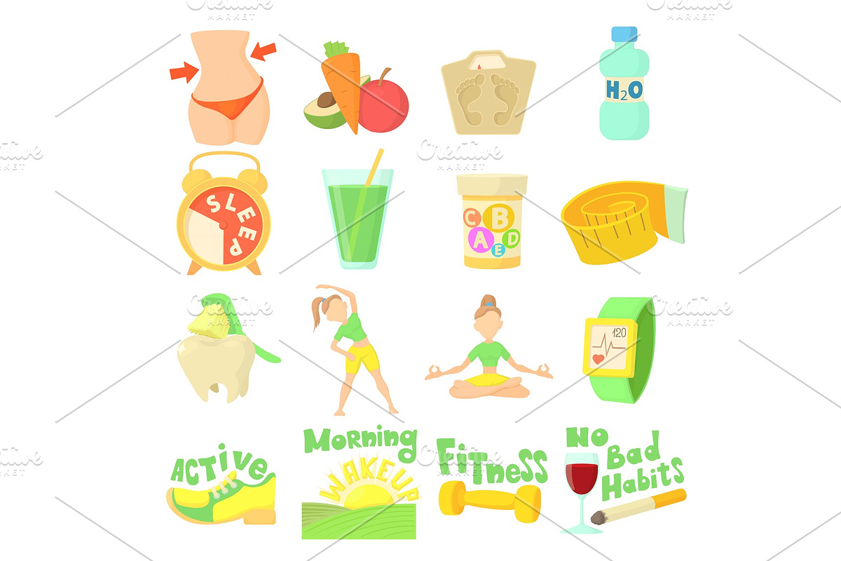 Healthy lifestyle icons set, cartoon in Illustrations - product preview 8