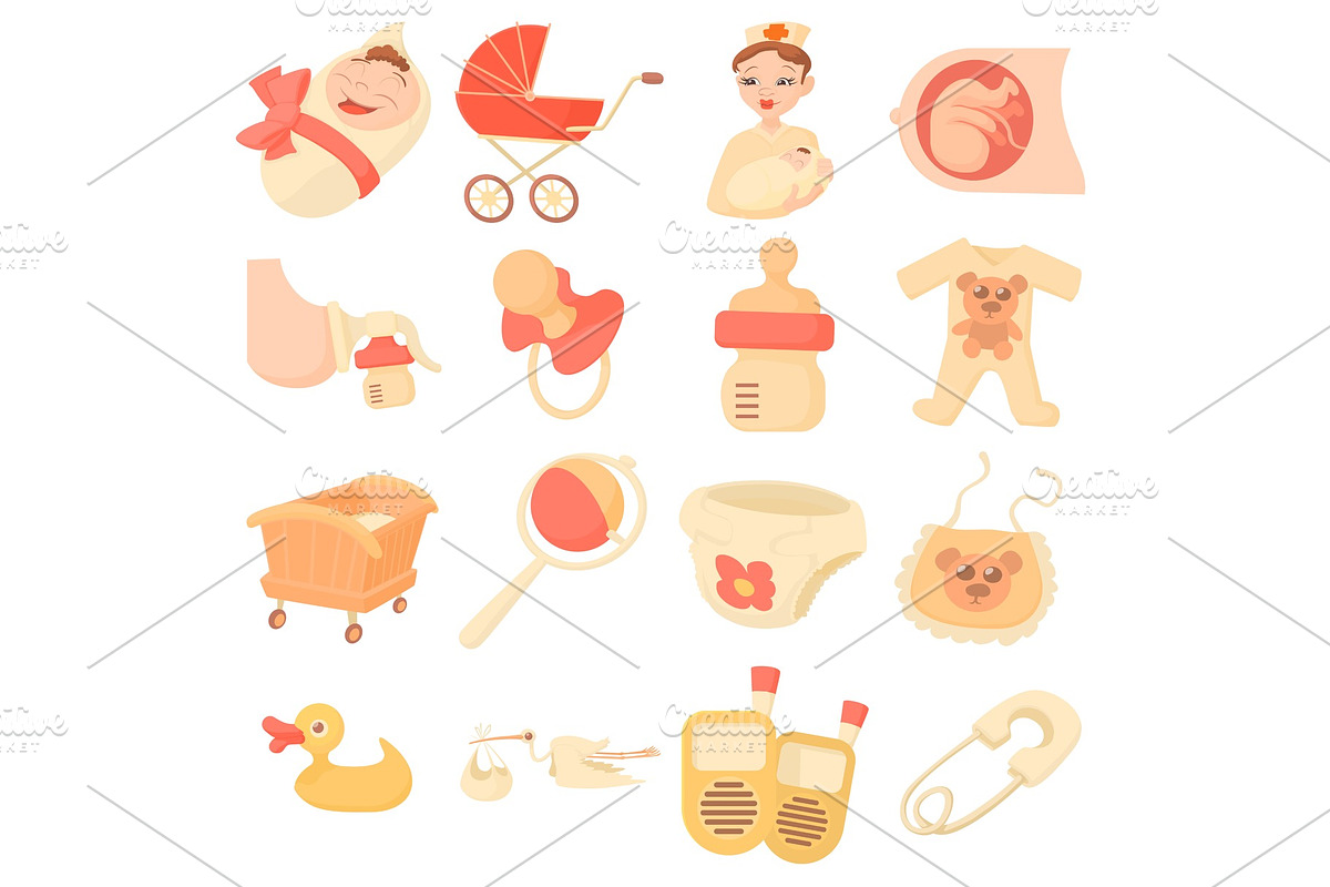 Baby born icons set, cartoon style in Objects - product preview 8