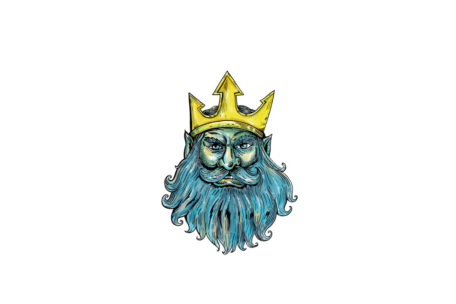 Neptune Trident Crown Head  Woodcut