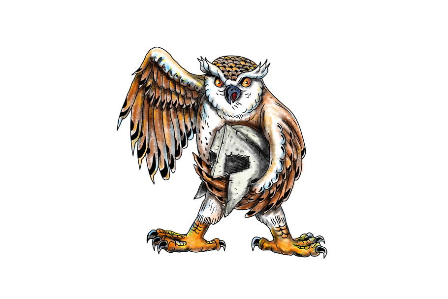 Owl Holding Spartan Helmet Tattoo