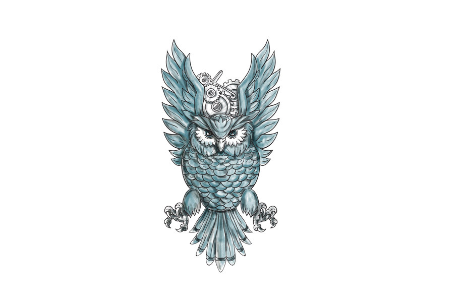 Owl Swooping Wings Clock Gears Tatto