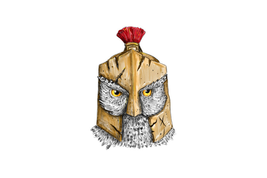 Owl Wearing Spartan Helmet Tattoo