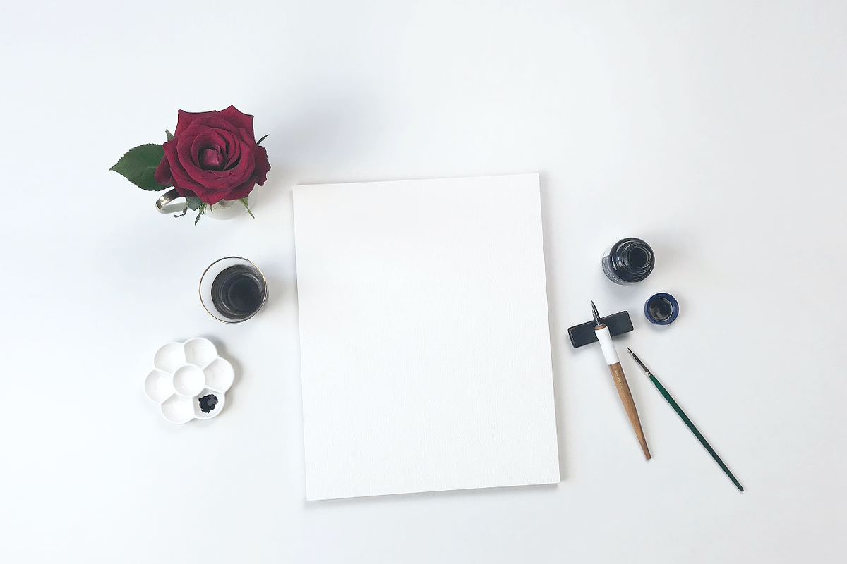 Red Rose Flatlay w/ Calligraphy Ink in Stationery Templates - product preview 8