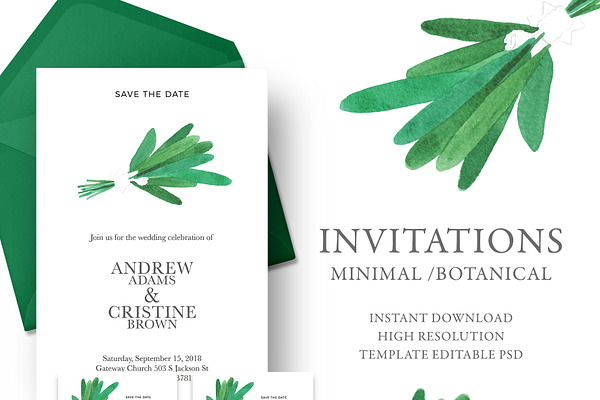 Wedding invitation green bouquet