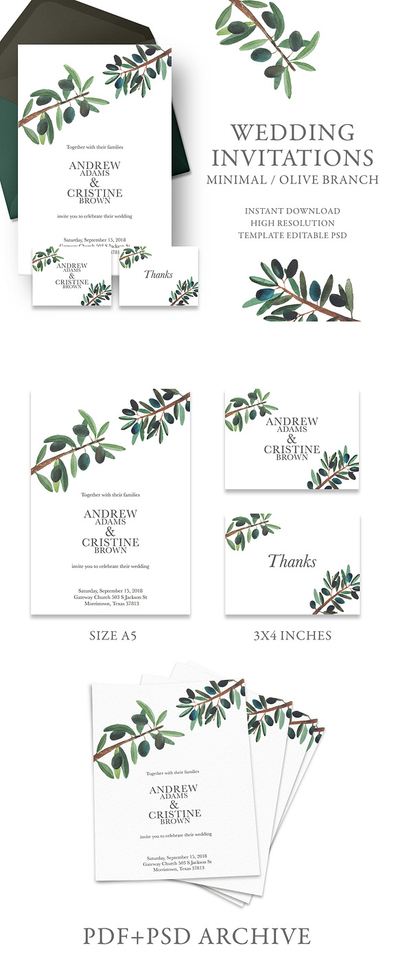 Olive wedding invitation in Wedding Templates - product preview 2