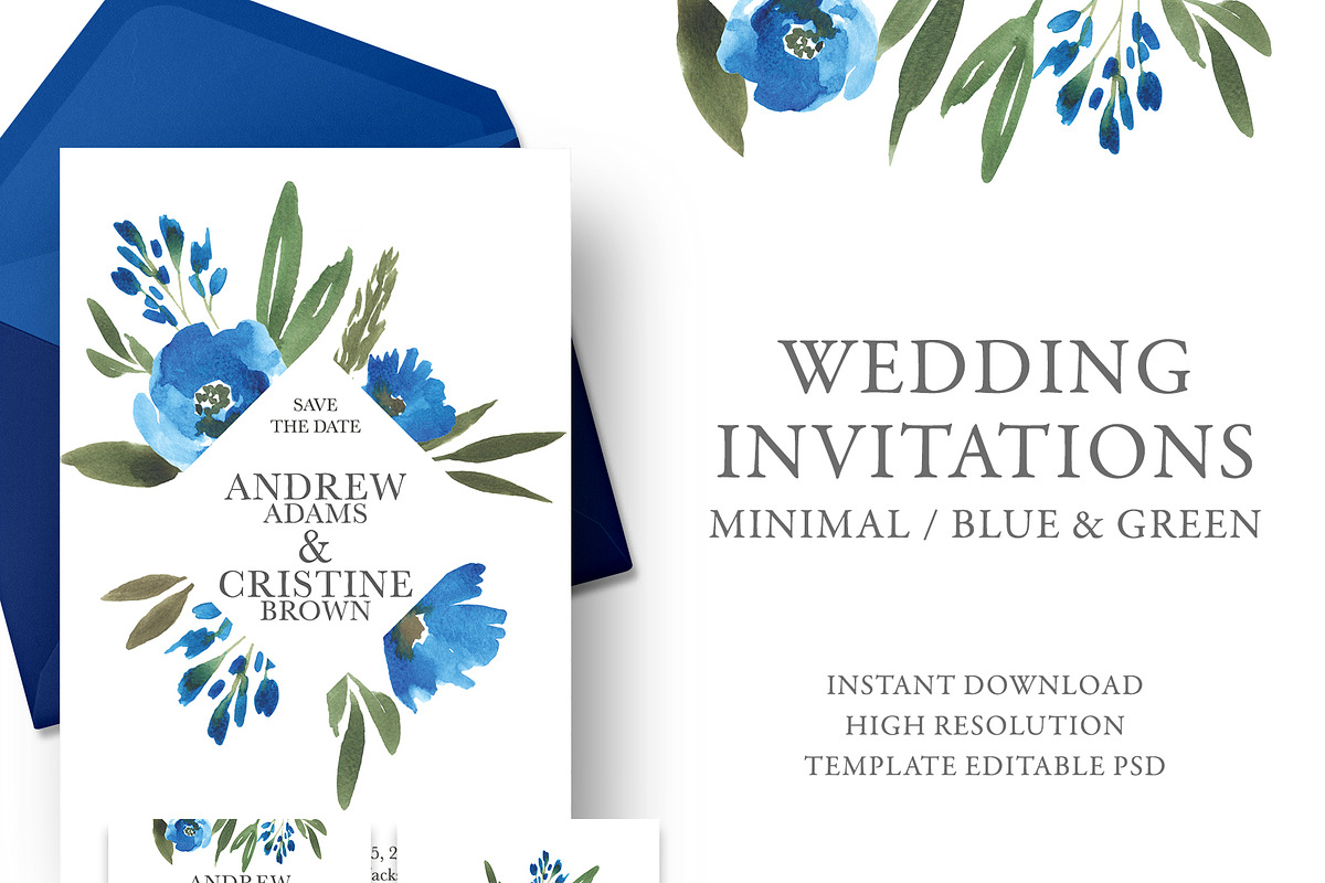 Blue floral wedding invitation in Wedding Templates - product preview 8
