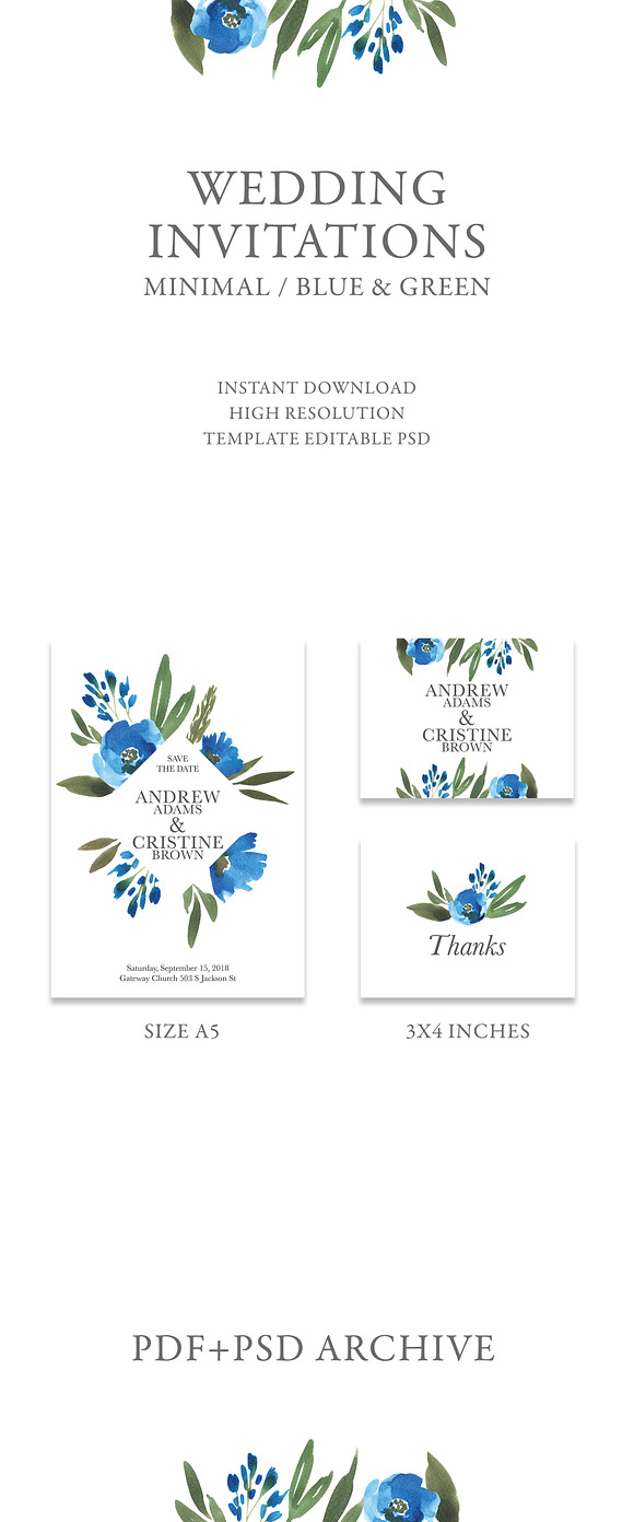 Blue floral wedding invitation in Wedding Templates - product preview 1