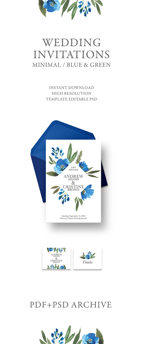 Blue floral wedding invitation in Wedding Templates - product preview 2