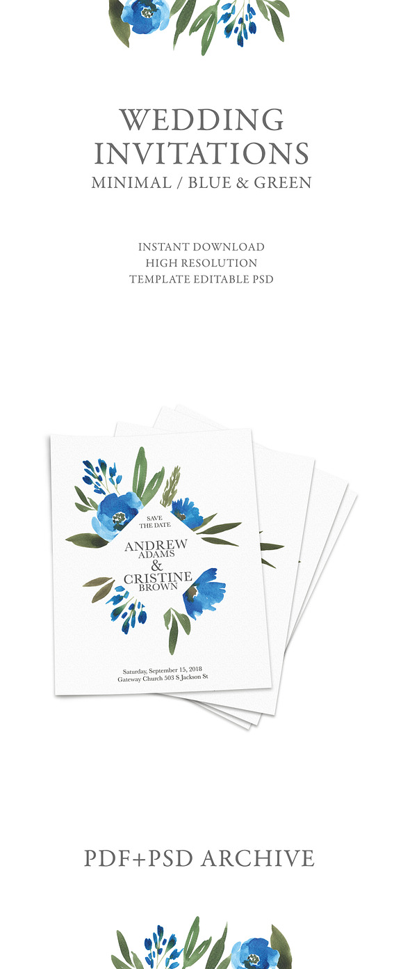 Blue floral wedding invitation in Wedding Templates - product preview 3