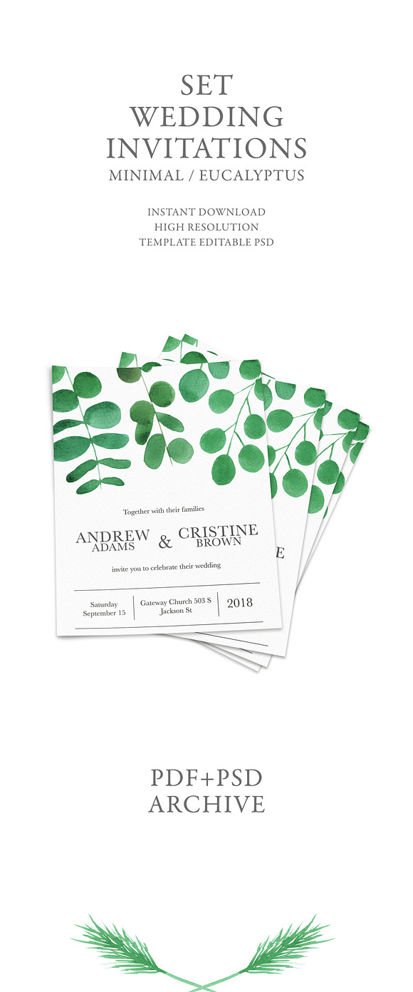 Eucalyptus Wedding Invitation set in Wedding Templates - product preview 3