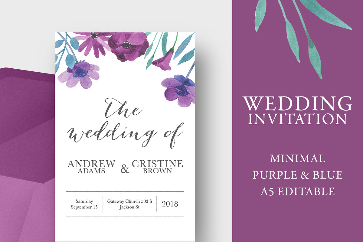 Purple floral wedding invitation A5 in Wedding Templates - product preview 8