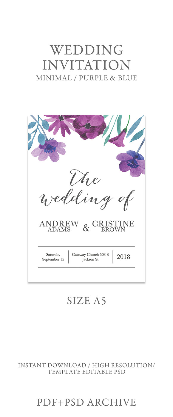 Purple floral wedding invitation A5 in Wedding Templates - product preview 1