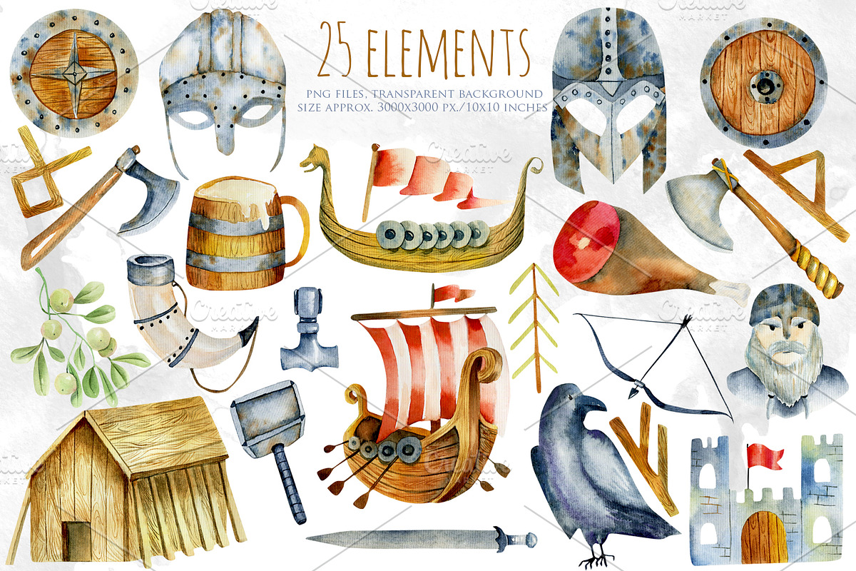 Vikings. Watercolor clip art. in Illustrations - product preview 8