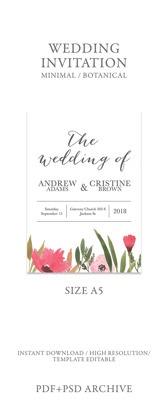 Floral watercolor wedding invitation in Wedding Templates - product preview 1
