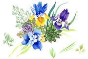 Bouquet with blue irises Watercolor 
