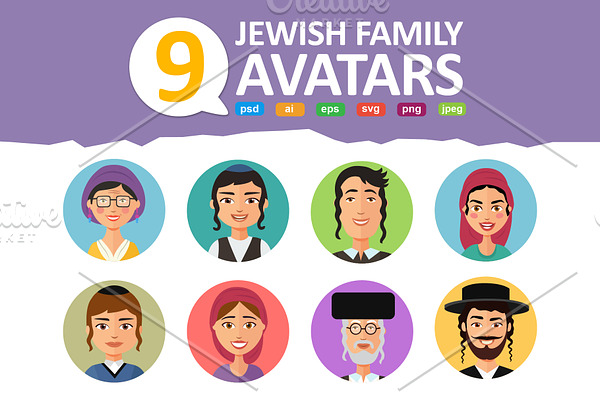 Jewish avatars family cartoon flat